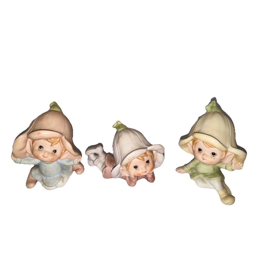 3 Pixie Elves Vintage HOMCO Piano Fairies Flower Hats Figurines Ceramic # 5615